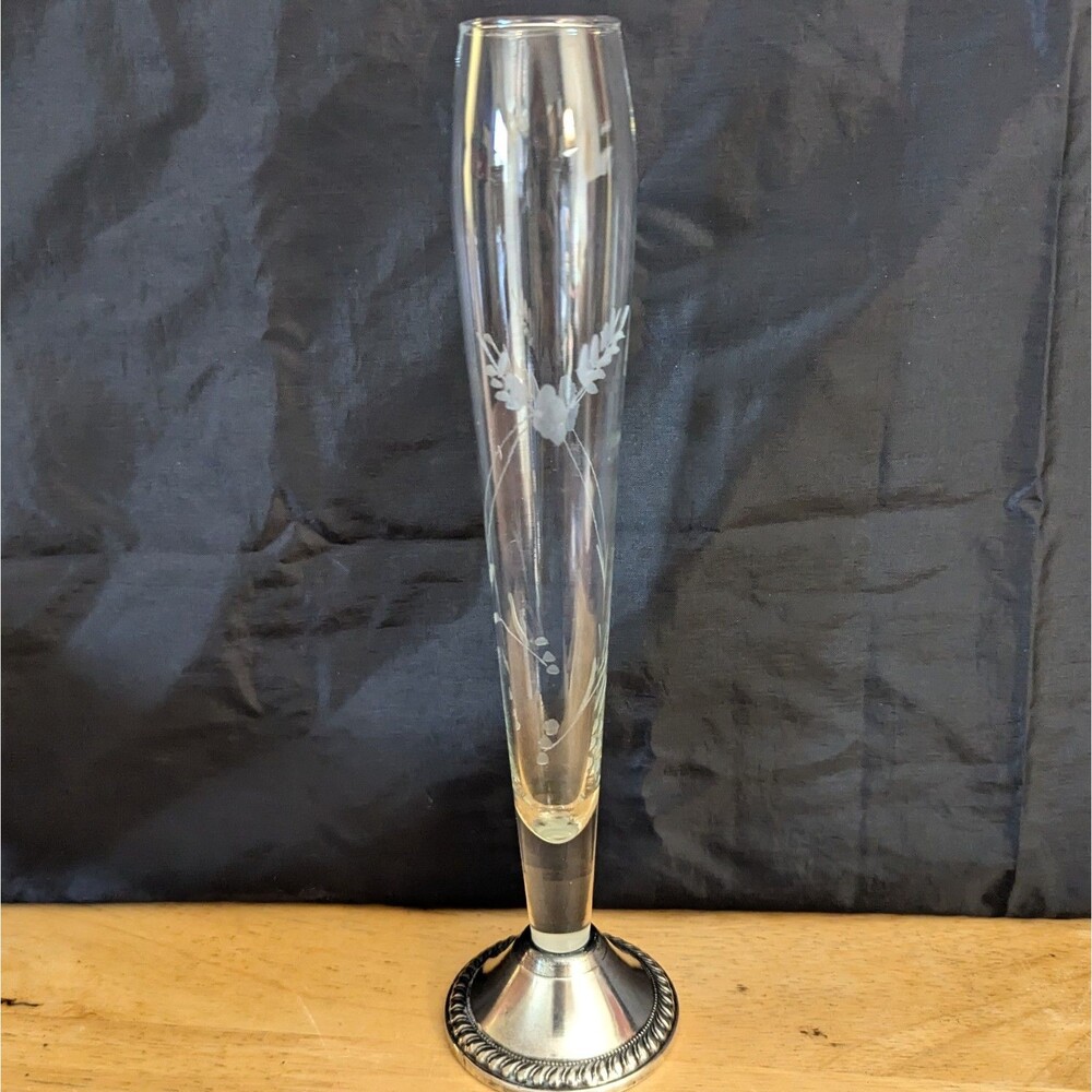 Vtg MCM Duchin Creation Sterling Weighted Etched Crystal Bud Vase 9.5" Tall